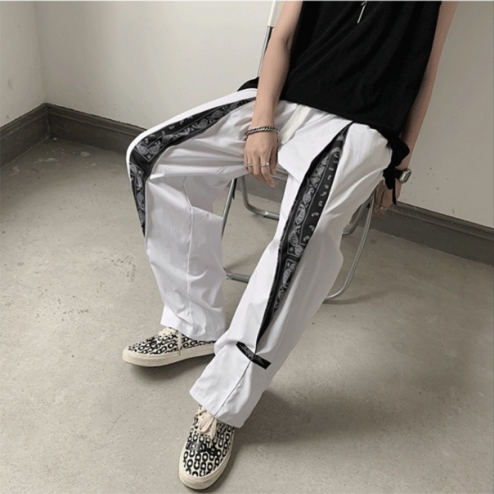 Harajuku fashion brand overalls men's cashew pattern stitching loose high street straight pants