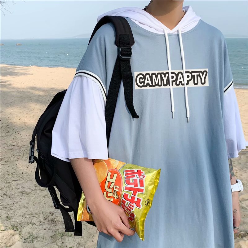 假兩件恤男潮流百搭港風連帽短袖潮牌寬鬆半袖上衣