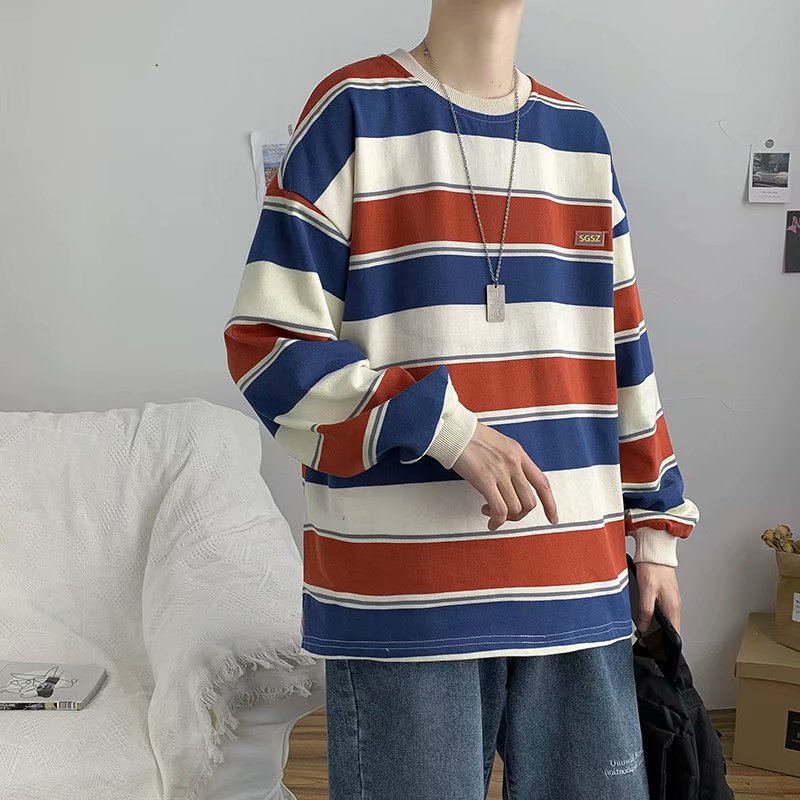Hong Kong style sweater Korean fashion loose long sleeve sweater round neck Stripe Men's and women's sweater