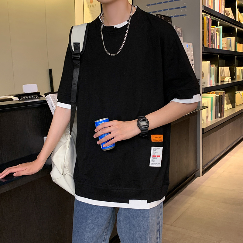 Summer round neck T-shirt Hong Kong style casual loose versatile fashion brand solid color label 5-sleeve top