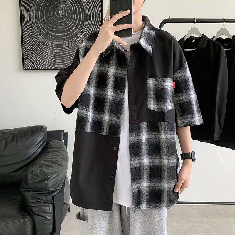 港風格子叉色襯衫短袖潮流青少年帥氣寬鬆百搭襯衣