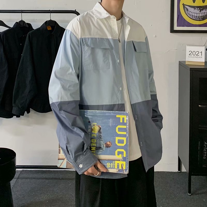 Long sleeve new loose Hong Kong Style youth fashion men's trend pointed collar cotton color matching shirt