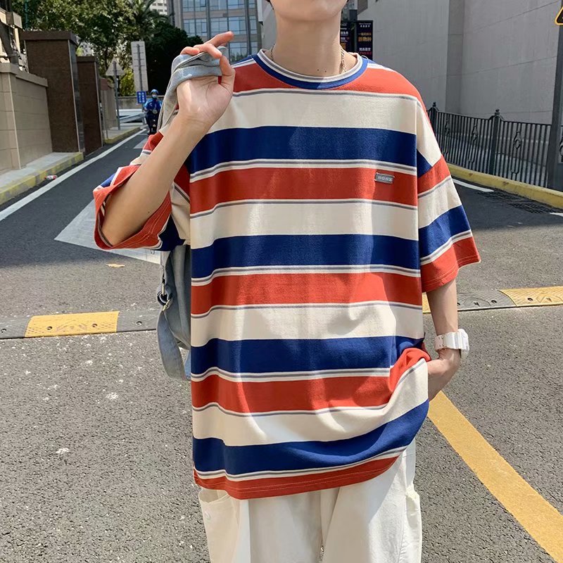 Color striped T-shirt summer student loose fitting men's versatile striped trend oversized top