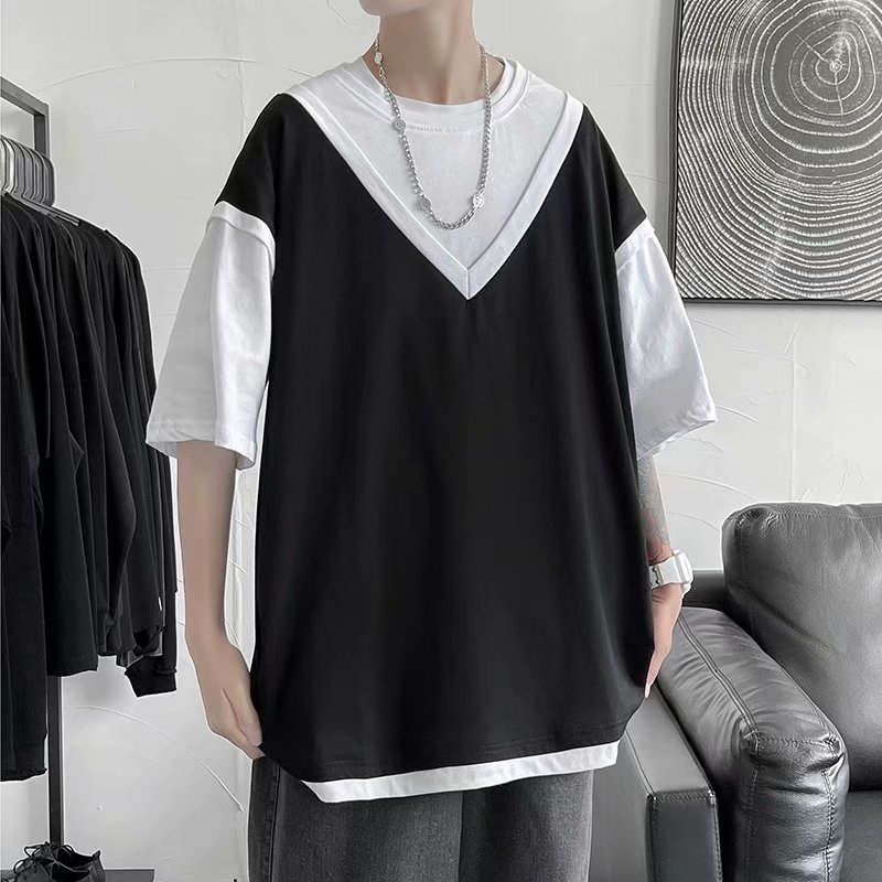 Fake two contrast short sleeve ins fashion salt fried street clothes loose V-neck half sleeve T-shirt