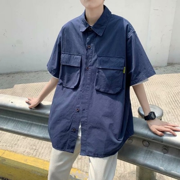 Japanese three-dimensional bag tooling shirt loose, wearing retro Hong Kong style summer thin short sleeve top