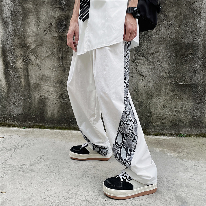 High street leopard print contrast stitching casual pants loose trend ruffian handsome men's and women's straight pants wide leg pants