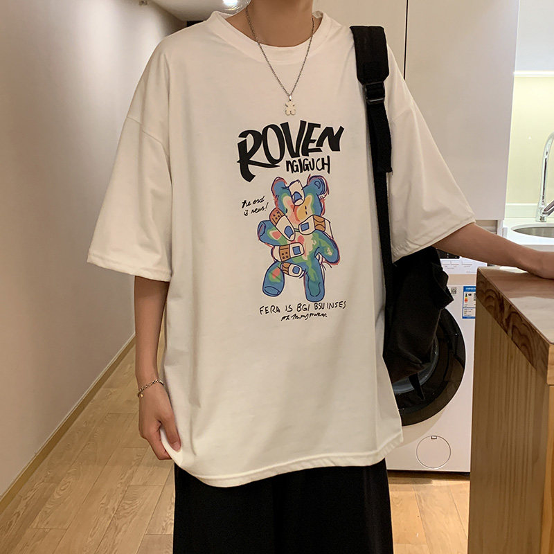 韓版短袖t恤男寬鬆潮流百搭五分袖夏季港風情侶裝炸街