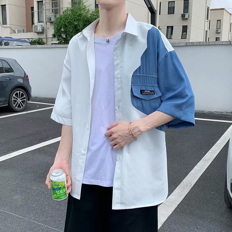 Summer new 5 / 5 sleeve shirt men's Hong Kong style short sleeve trend versatile loose stitching shirt