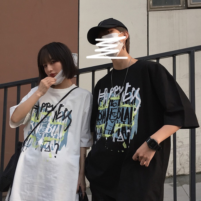 復古嘻哈亂碼字母印花t恤潮流寬鬆短袖男女