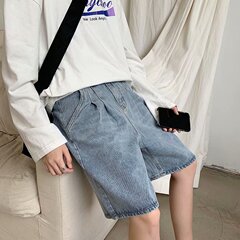 Summer new basic retro wash loose wide leg Capris Chinese pants Korean denim shorts