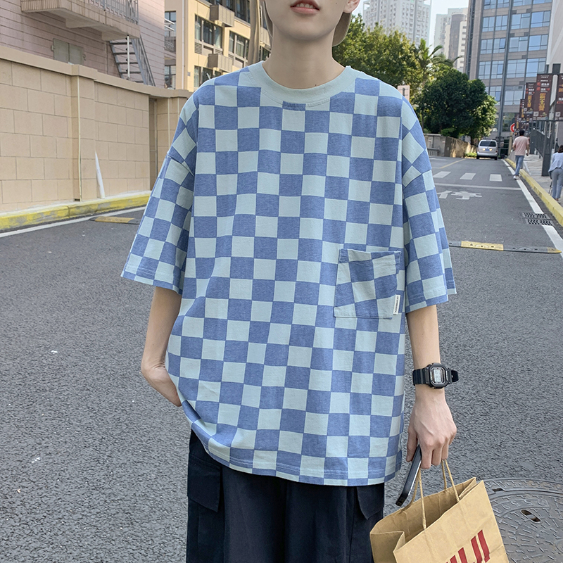 棋盤格子短袖 新款夏季ins復古潮牌圓領印花短袖T恤