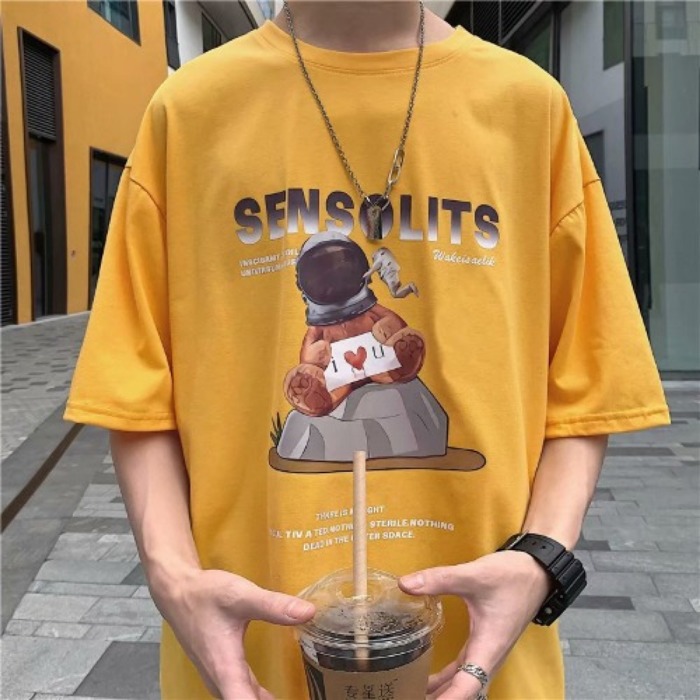 港風潮牌印花短袖男原宿圓領情侶半袖五分袖寬鬆恤