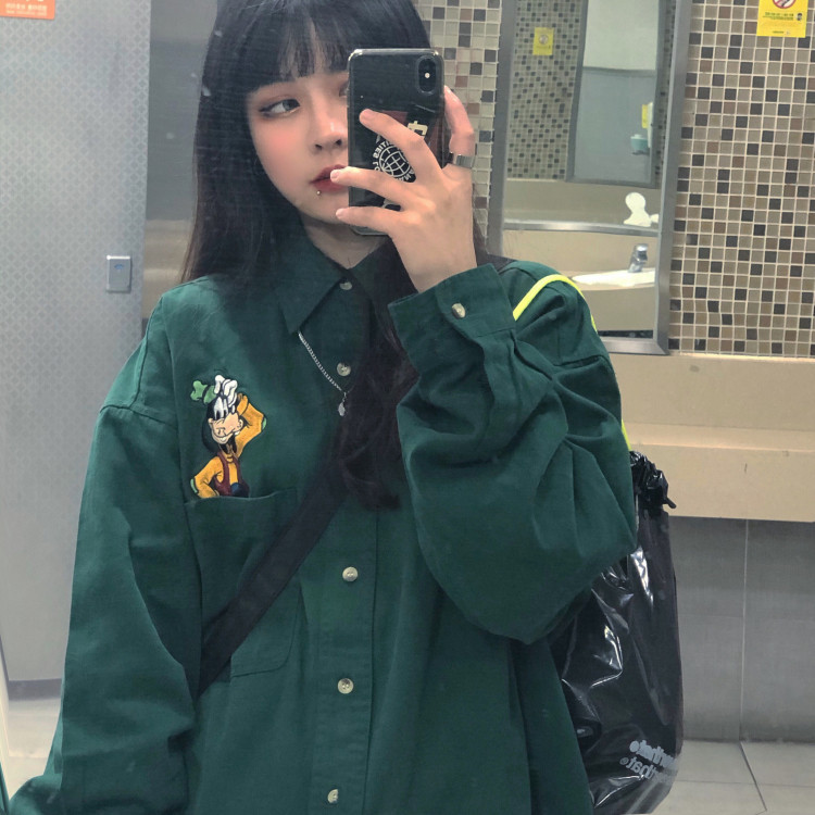 Spring Korean Vintage Embroidery cartoon loose long sleeve shirt coat