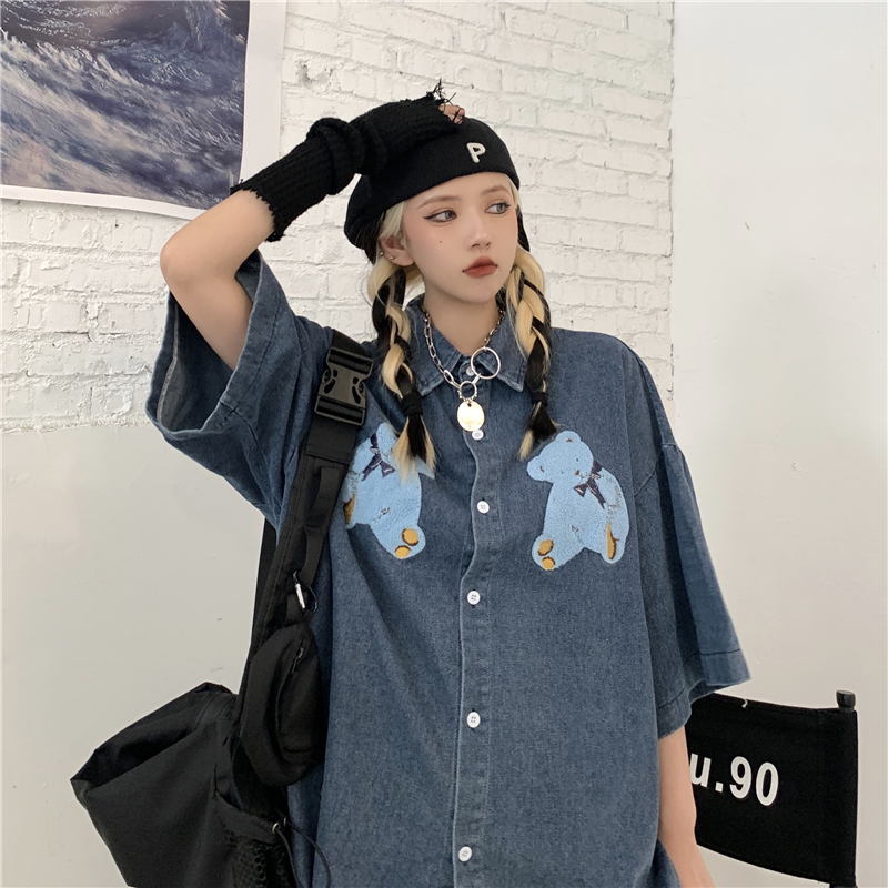 Fashion brand ins bear embroidery Denim Short Sleeve thin loose men's and women's shirt versatile coat