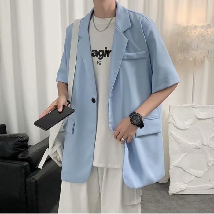 Hong Kong Style high-grade feeling fried Street short sleeve Blazer coat men's loose casual thin suit in summer