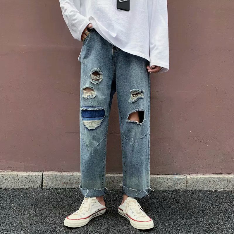 Korean fashion straight tube drop feeling wide leg loose rough edge beggar hole ruffian handsome nine point jeans