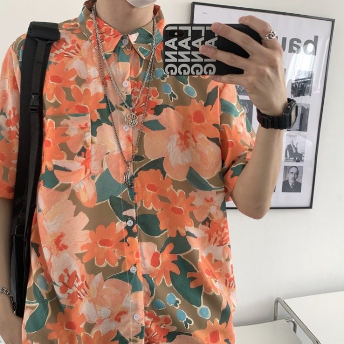 New fashion retro floral print short sleeve shirt for men and women