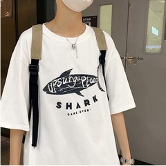 港風體恤寬鬆圓領小飛魚字母印花短袖恤男