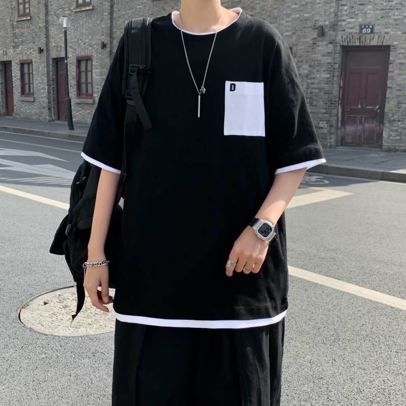假兩件口袋上衣寬鬆港風恤夏季新款潮牌短袖潮流體恤