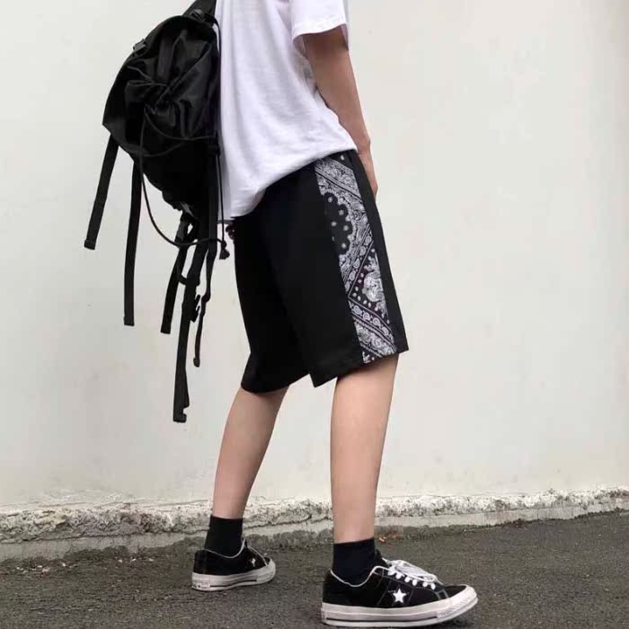 原創韓國原宿腰果花拼接直筒褲寬鬆休閒短褲男女潮