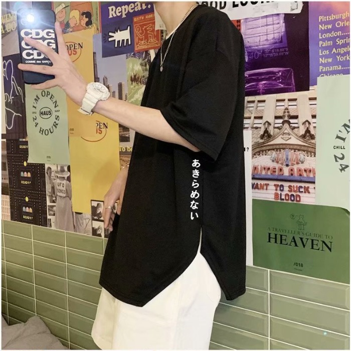 Hong Kong style solid color split off two pieces short sleeve T-shirt Harajuku trend loose men's and women's top