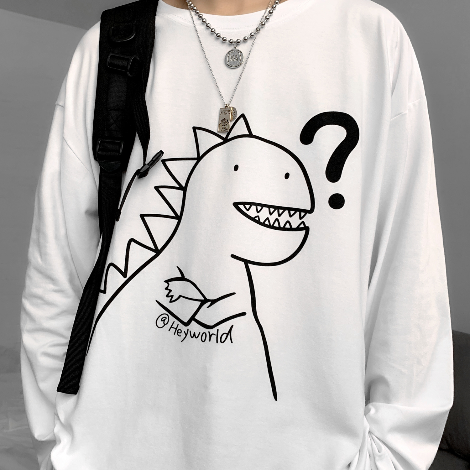 Original BF style small monster bottomed shirt simple simple stroke dinosaur question mark printed T-shirt for men and women