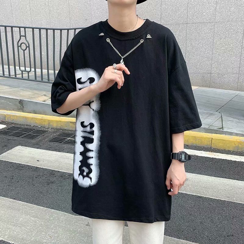 Japanese short sleeve t-shirt men's fashion brand Necklace letter simple super fire five point sleeve top summer T-shirt