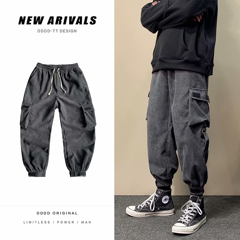 Corduroy casual pants cool Hong Kong Style Capris youth loose pocket fashion brand tooling