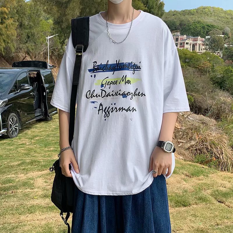 夏季港風同款字母刺繡塗鴉印花韓版潮牌半袖男女同學