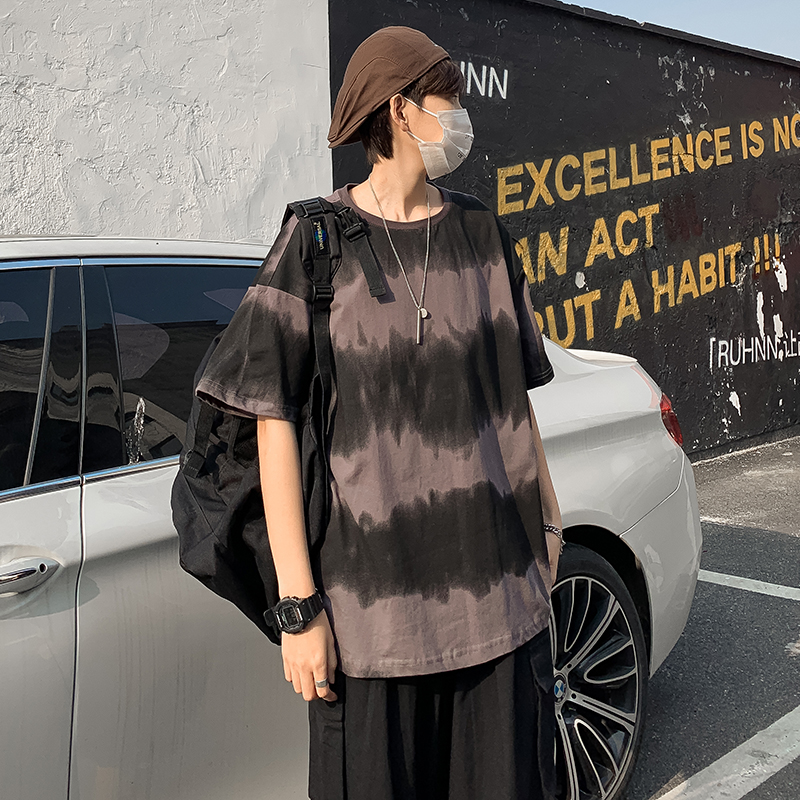 Men's short sleeve T-shirt loose tie dye stripe versatile 5-sleeve summer Hong Kong style fried Street couple