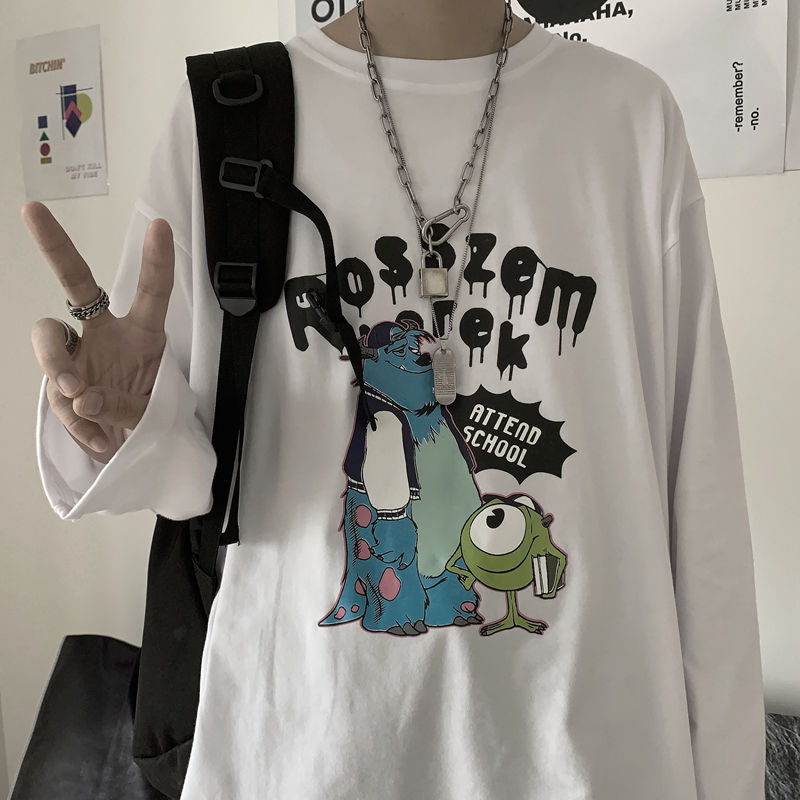 Original spring Korean retro Harajuku children's cartoon simple printing long sleeve T-shirt for men and women