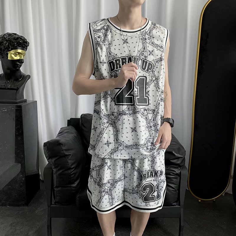 Camouflage full print loose basketball suit sleeveless mesh digital suit men's and women's sports short sleeve shorts