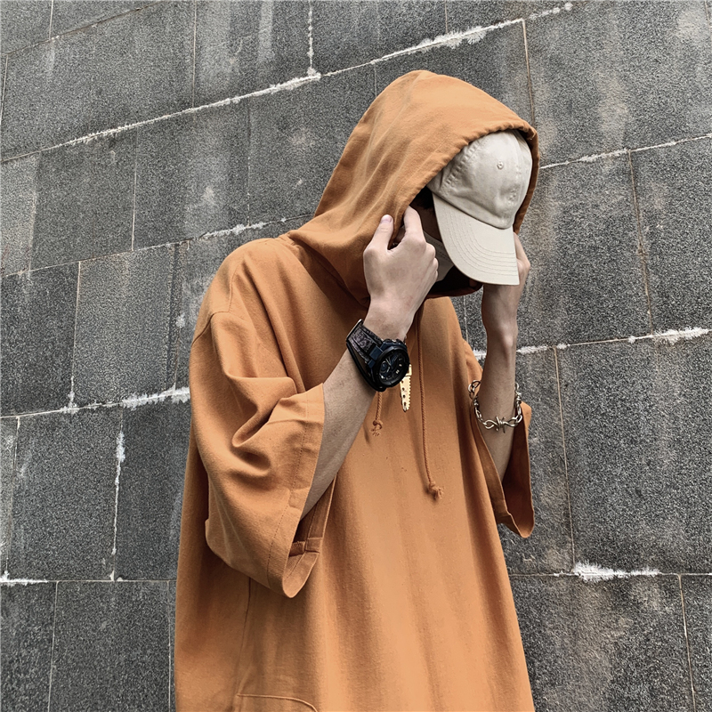 Solid color versatile loose half open button Pullover Hooded Sweater linen cotton men's and women's Short Sleeve T-Shirt
