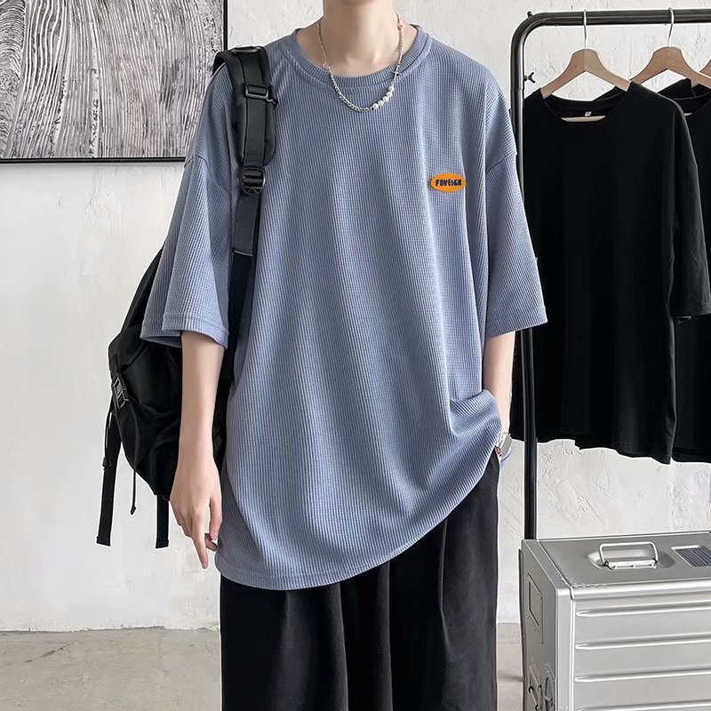 Waffle short sleeve fashion brand loose summer Hong Kong style trend simple versatile 5-point sleeve shirt