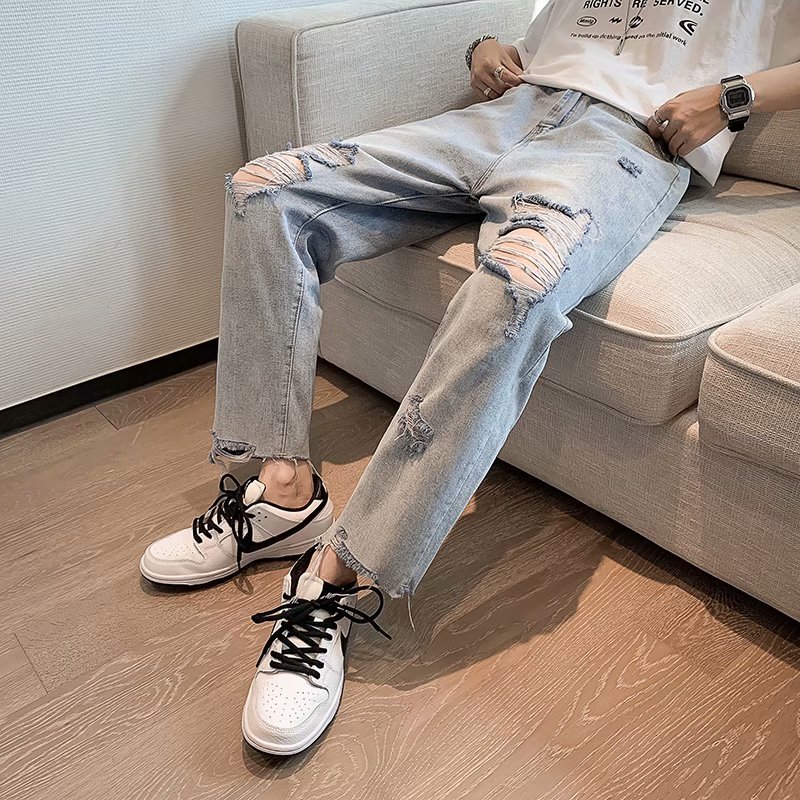 Hole jeans summer thin high street fashion brand wide leg Capris trend loose straight pants