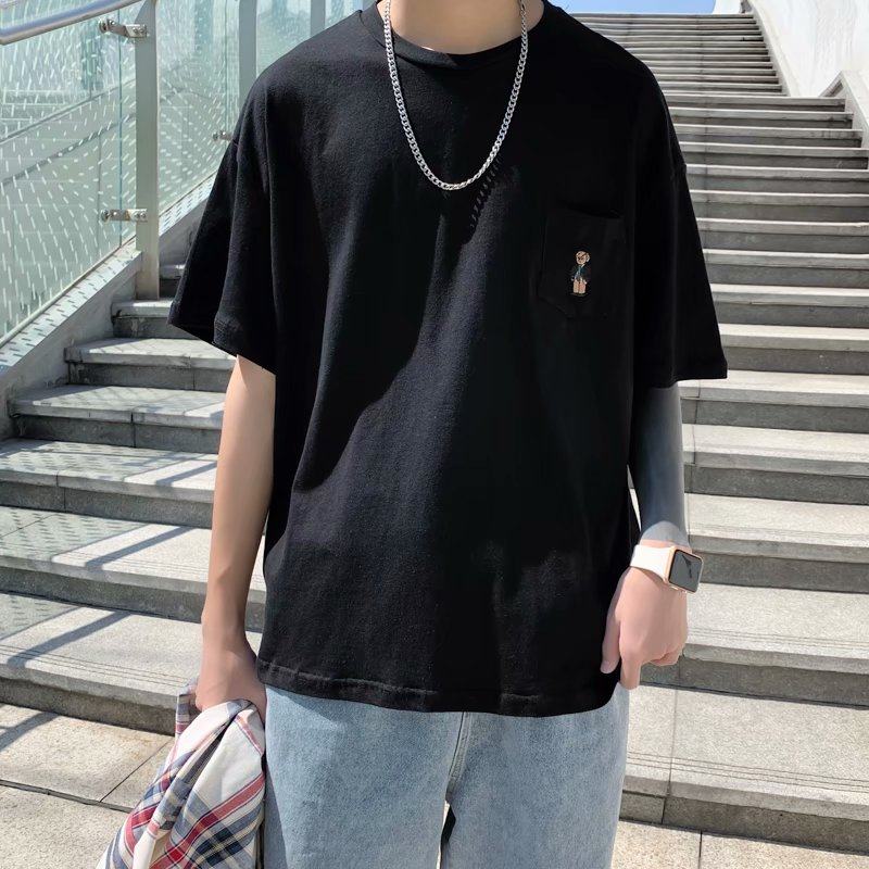 Korean fashion loose couple simple round neck half sleeve summer solid color pocket short sleeve T-shirt