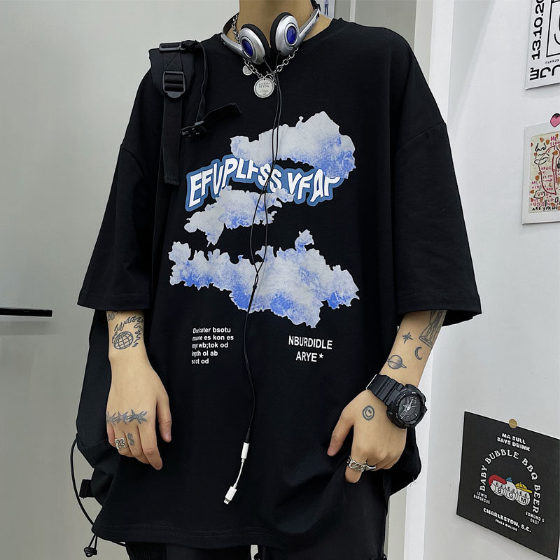 Summer Korean cloud letter print loose round neck short sleeve T-shirt top for men and women