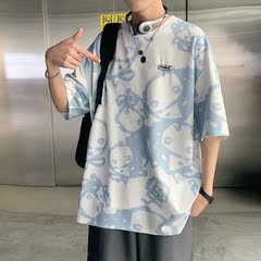 Graffiti full print short sleeve t-shirt men and women fashion brand retro loose lovers casual T-shirt 5-sleeve