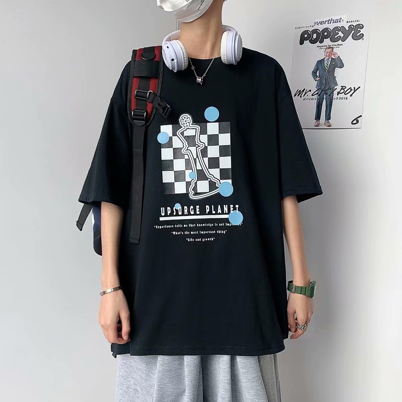 Unisex Hong Kong Style loose print T-shirt trend short sleeve T-shirt
