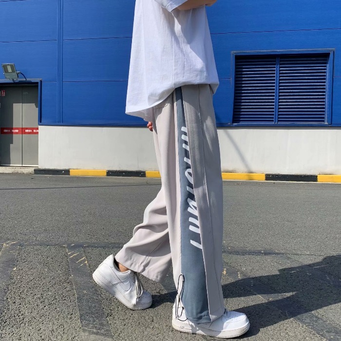 直筒束腳褲男夏季拼色高街褲子新款炸街寬鬆帥氣休閒褲