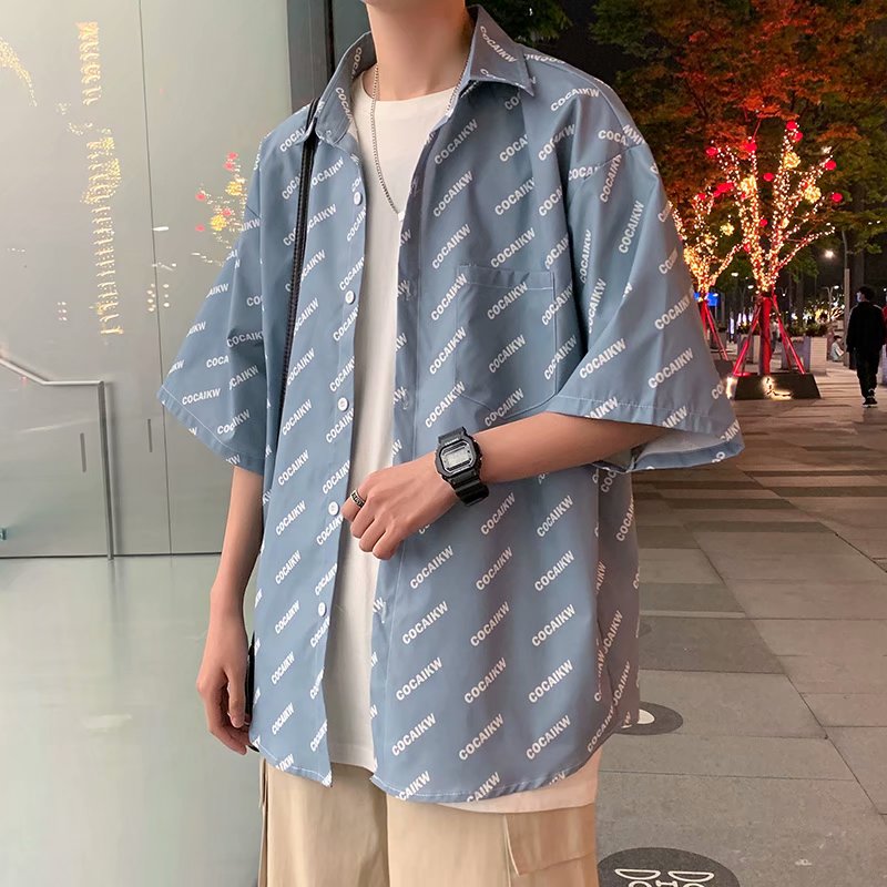 Letter full print short sleeve shirt summer Hong Kong Style Japanese loose Quarter Sleeve Shirt trend versatile