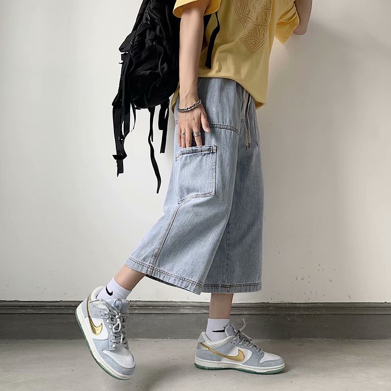 Denim shorts summer Hong Kong fashion brand loose straight pants trend versatile wide leg Capris