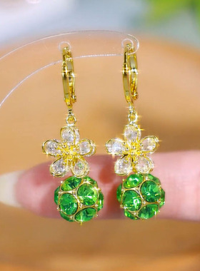 女超仙气质锆石花朵绿色钻球耳扣耳环夏季新款简约时尚百搭耳饰