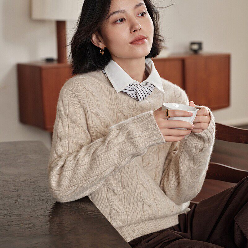 溪诺家/康赛妮100%山羊绒衫四股加厚圆领毛衣复古麻花针织衫宽松