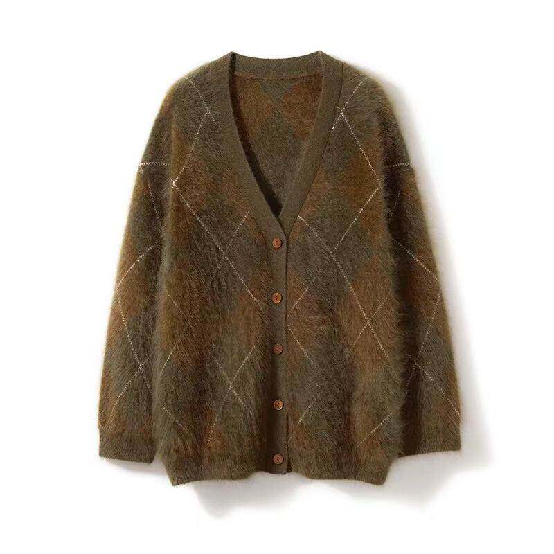 溪诺家/定格时光皇室拉绒大克重复古菱格纹针织开衫女时髦感外套