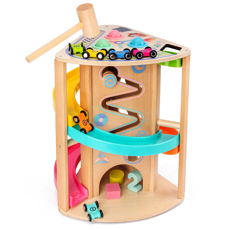 儿童益智旋转滑道滑翔车轨道滑行赛车木制玩具汽车闯关大冒险赛车