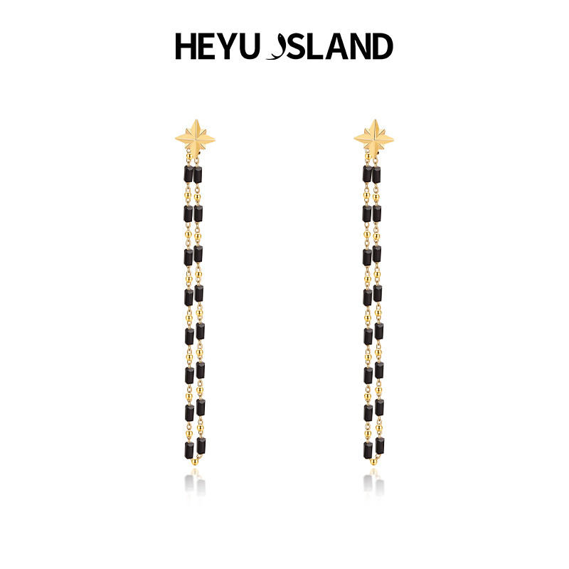 HEYU ISLAND/黑鱼岛新款日月同辉系列太阳配黑水晶长链条耳环