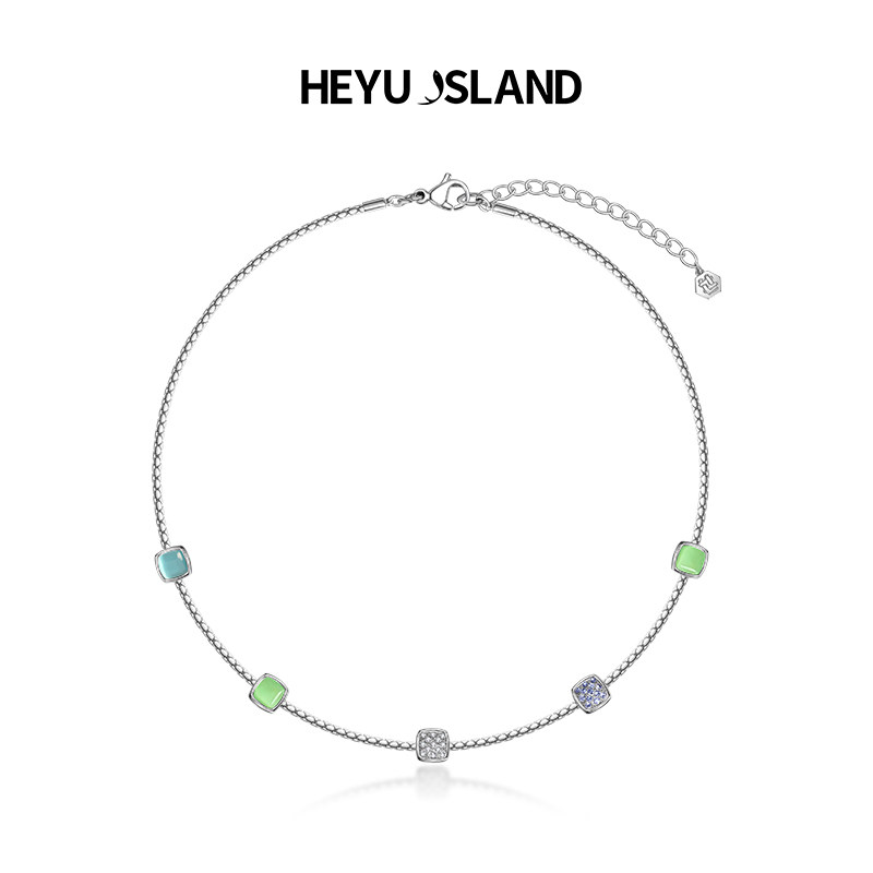 HEYU ISLAND/黑鱼岛女生轻奢密镶绿猫眼方糖糖果项链生日礼物