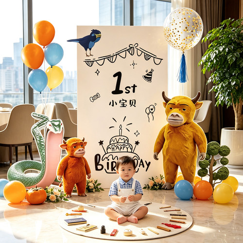 牛来主图蛇宝宝周岁生日拍照KT板
