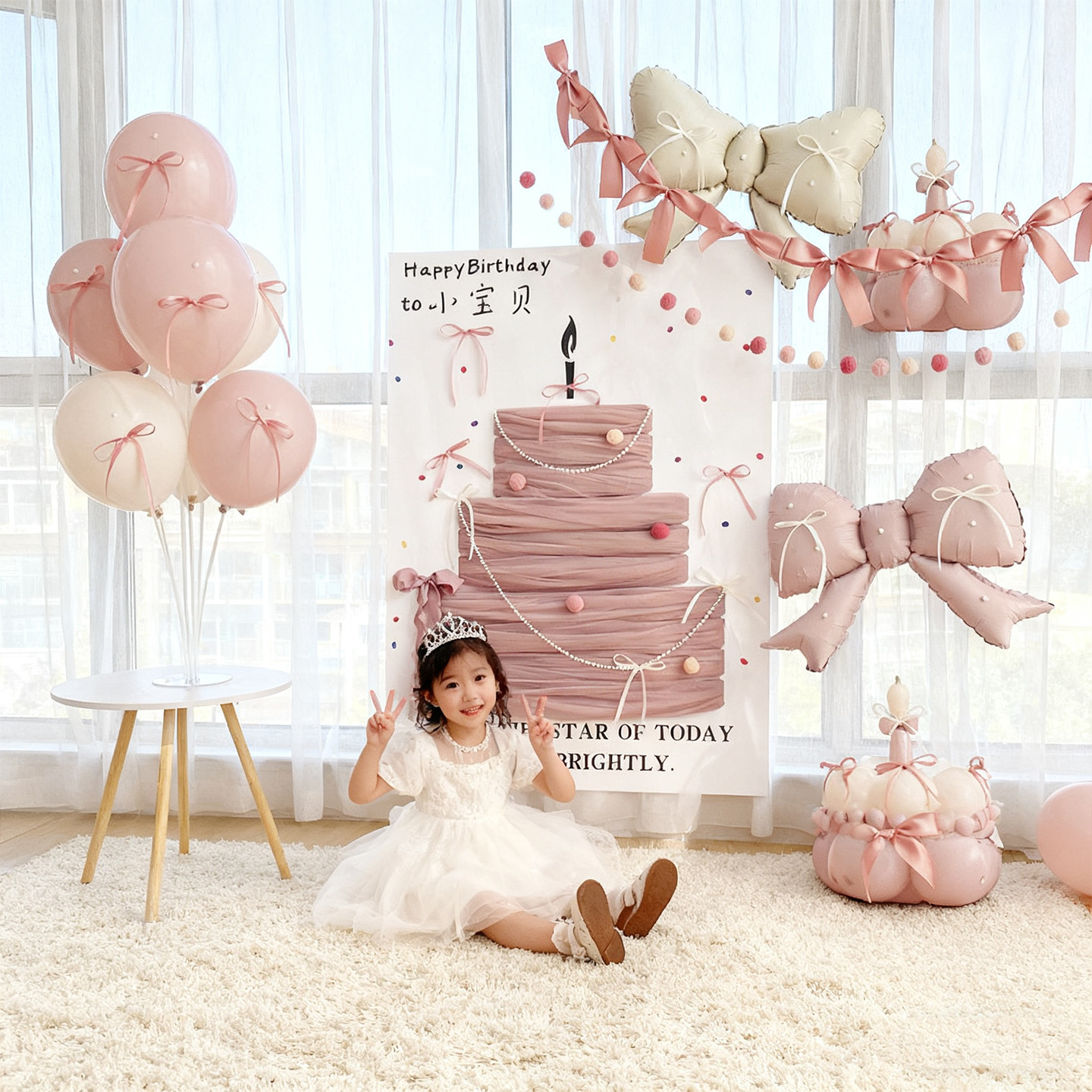 女孩生日布置ins暮光粉蛋糕网纱KT板女童家庭简单1背景墙场景装饰,节庆用品/礼品,气球,淘宝优惠券,粉丝福利购,淘宝优惠卷